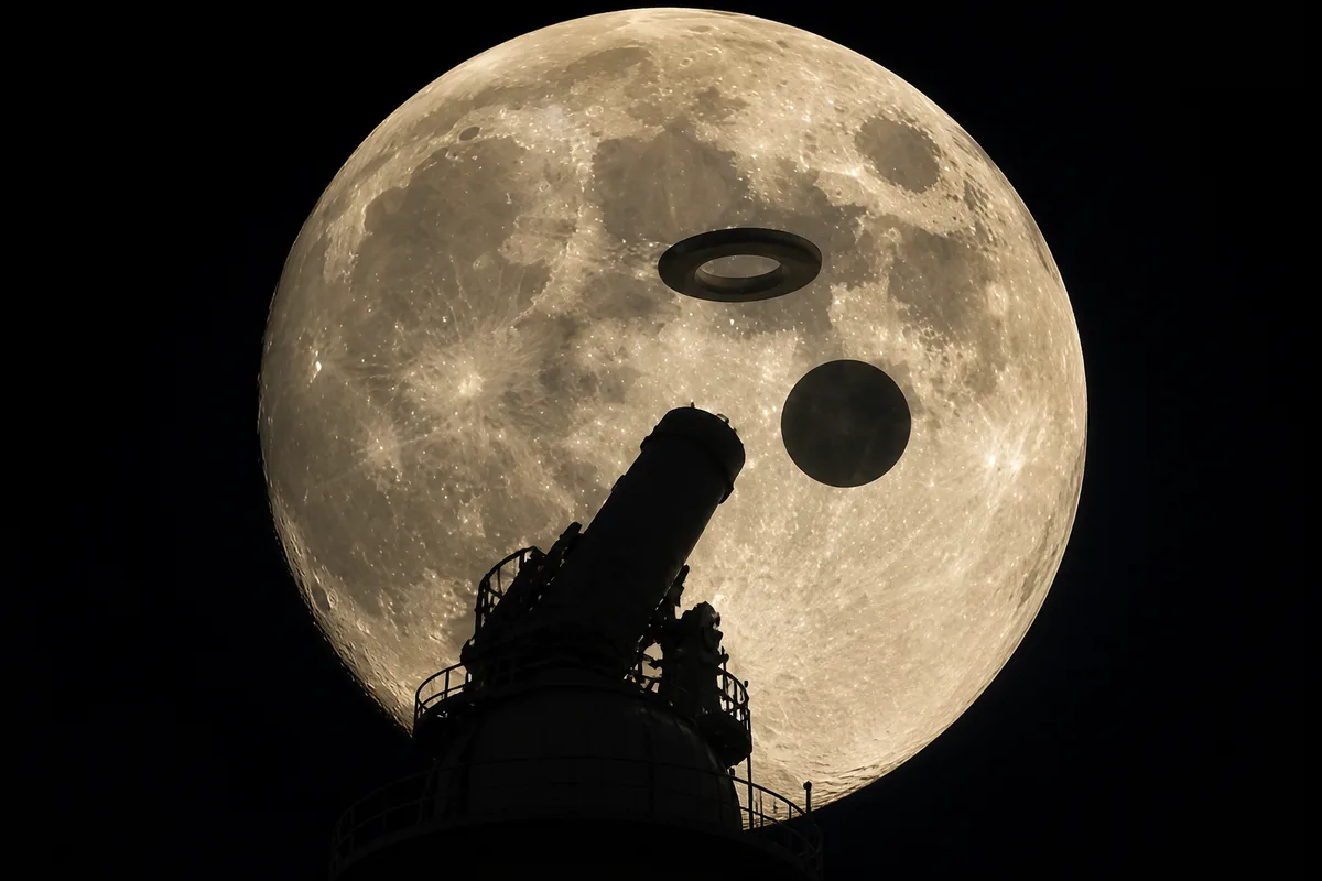 Disco lunar telescópico com silhuetas de toroide e disco escuros