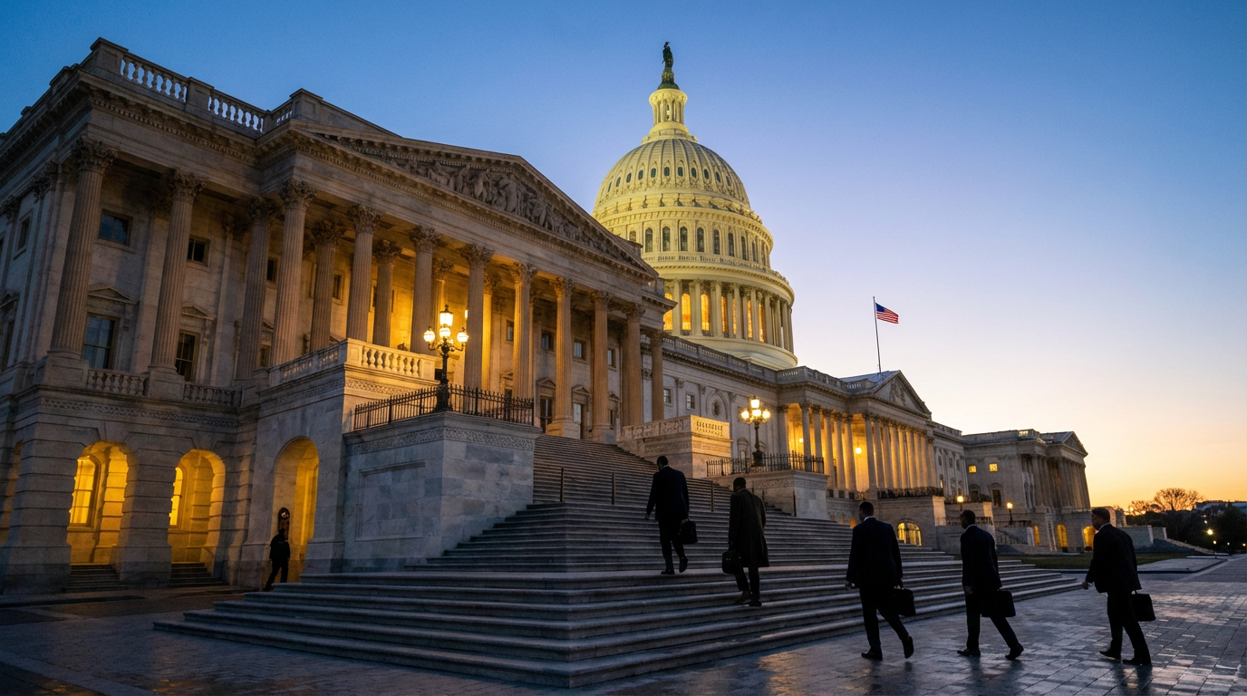 The U.S. Capitol building at twilight as congressional figures walk up the east front steps