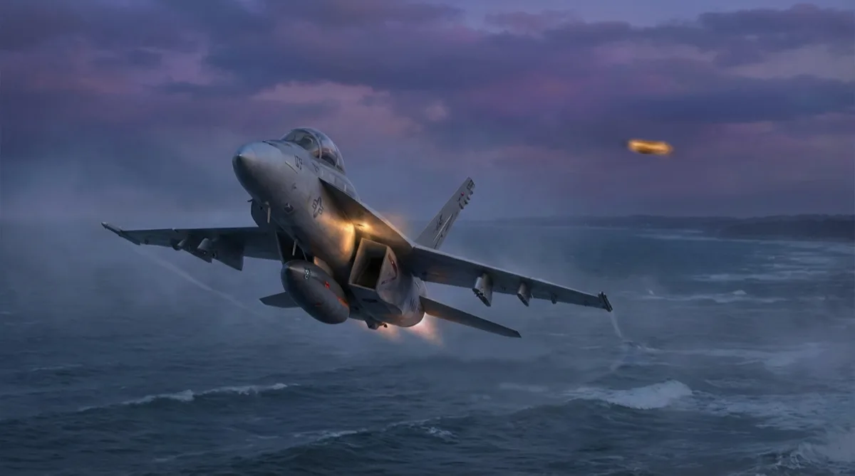 Ilustración de un F/A-18F Super Hornet de la Marina de EE. UU. volando sobre el Océano Atlántico al atardecer con un objeto brillante indistinto visible a la distancia