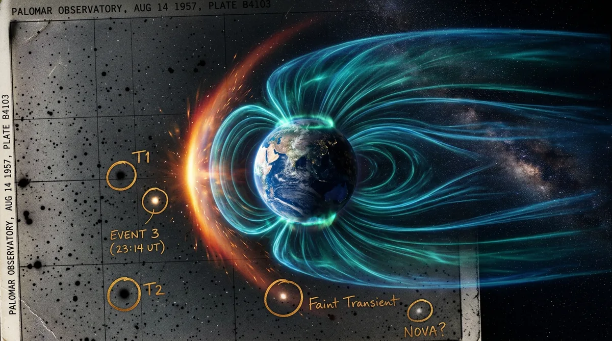 Earth's magnetosphere during a geomagnetic storm overlaid with a 1950s photographic plate showing transient detections