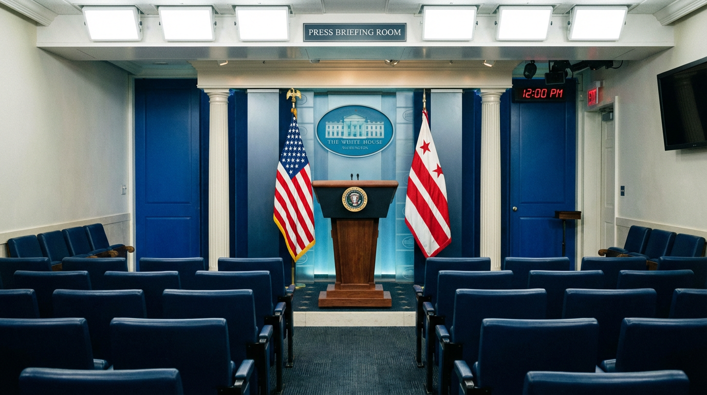 The White House press briefing room, empty, with the presidential podium and seal